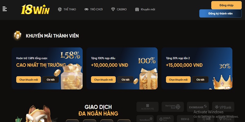 Ưu đãi nạp đầu tại 18Win